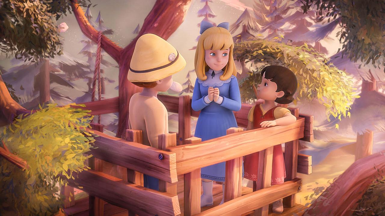 Peter, Clara und Heidi stehen im Baumhaus.