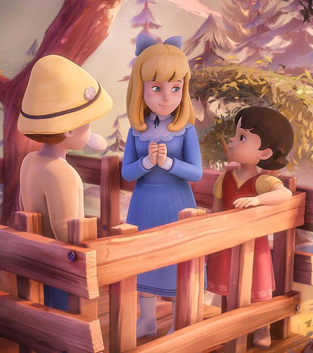 Peter, Clara und Heidi stehen im Baumhaus.