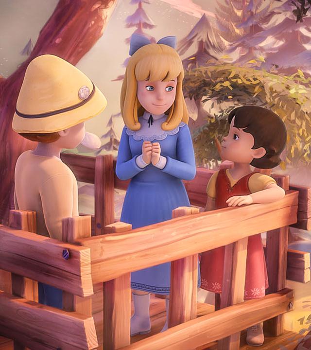 Peter, Clara und Heidi stehen im Baumhaus.