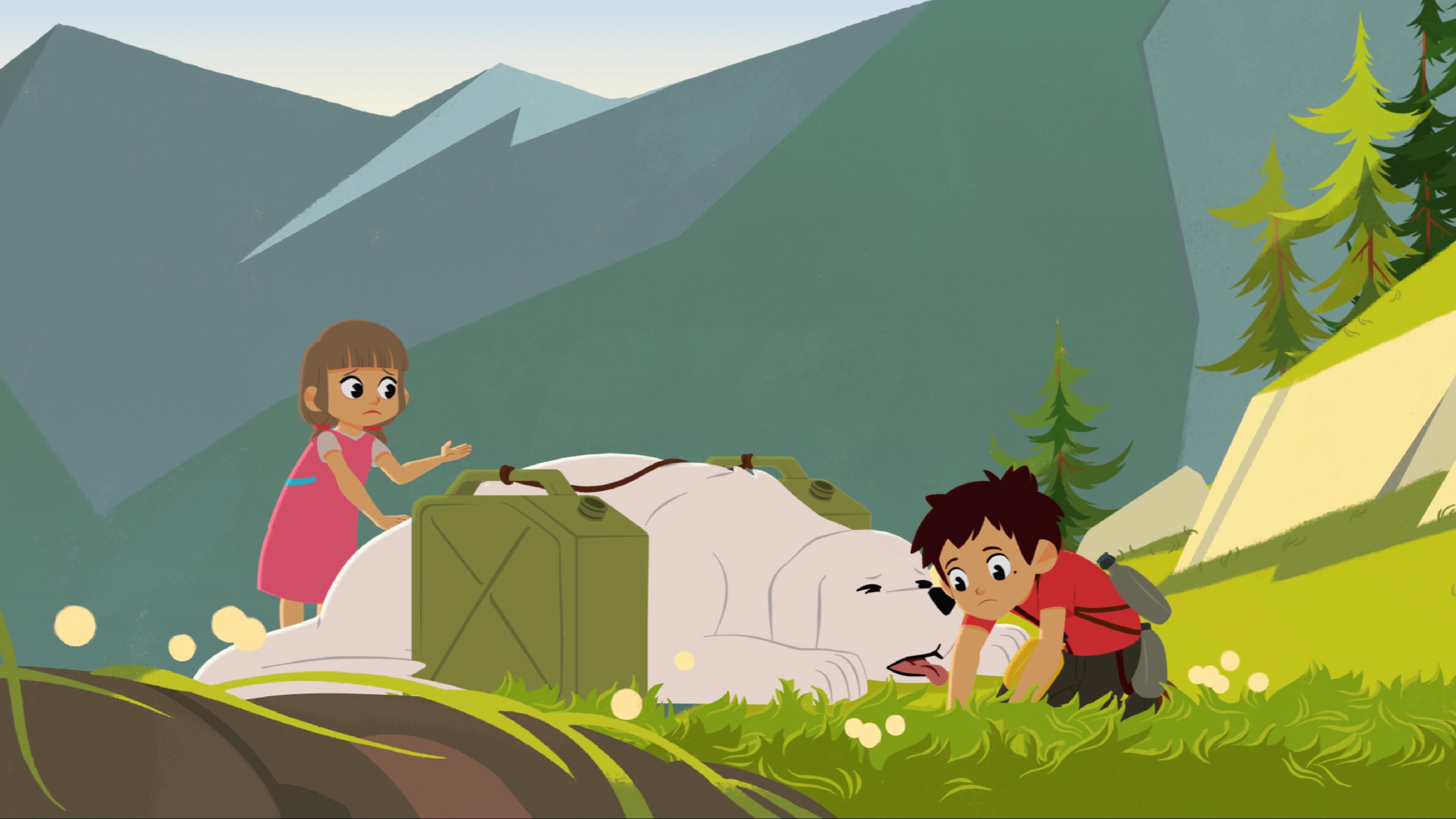 Belle und Sebastian haben beide Kanister und Flaschen für Wasser dabei. Sie liegen erschöpft und durstig auf dem Boden. Marie sitzt hinter Belle und streichelt sie.