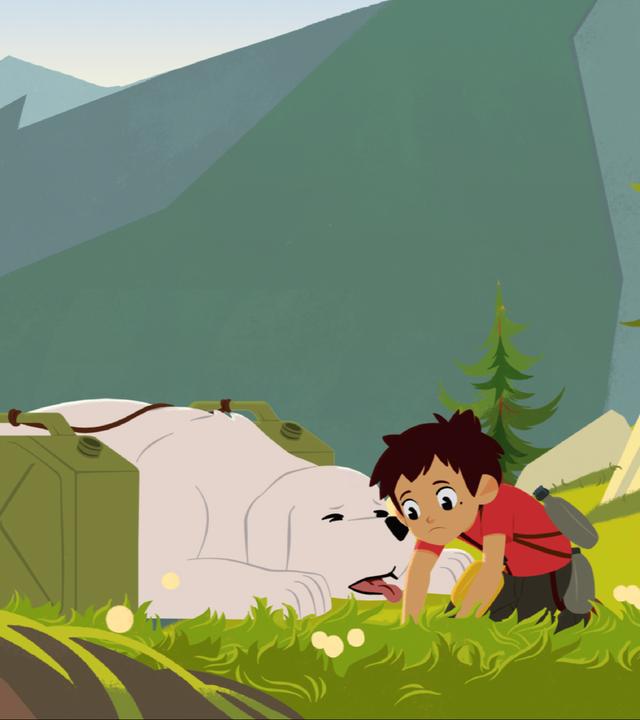 Belle und Sebastian haben beide Kanister und Flaschen für Wasser dabei. Sie liegen erschöpft und durstig auf dem Boden. Marie sitzt hinter Belle und streichelt sie.