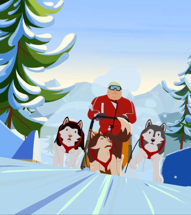 Gabriel lässt sich auf seinem Schlitten von drei Hunden ziehen. Der mittlere scheint gleich zu stürzen.