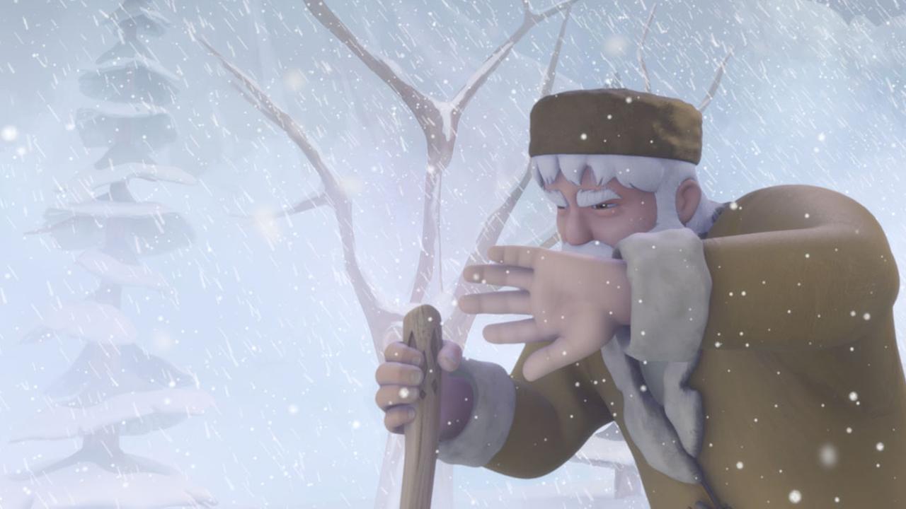 Der Großvater kämpft sich durch einen heftigen Schneesturm.