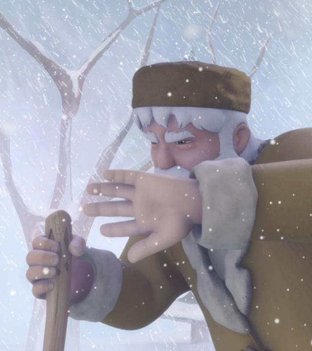 Der Großvater kämpft sich durch einen heftigen Schneesturm.