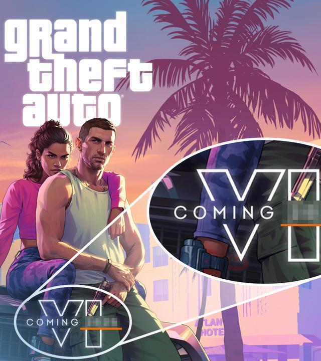 Das Titelbild des Videospiels GTA 6 mit Erscheinungs-Ankündigung, wobei das Veröffentlichungs-Datum verpixelt ist, da es verschoben wurde.