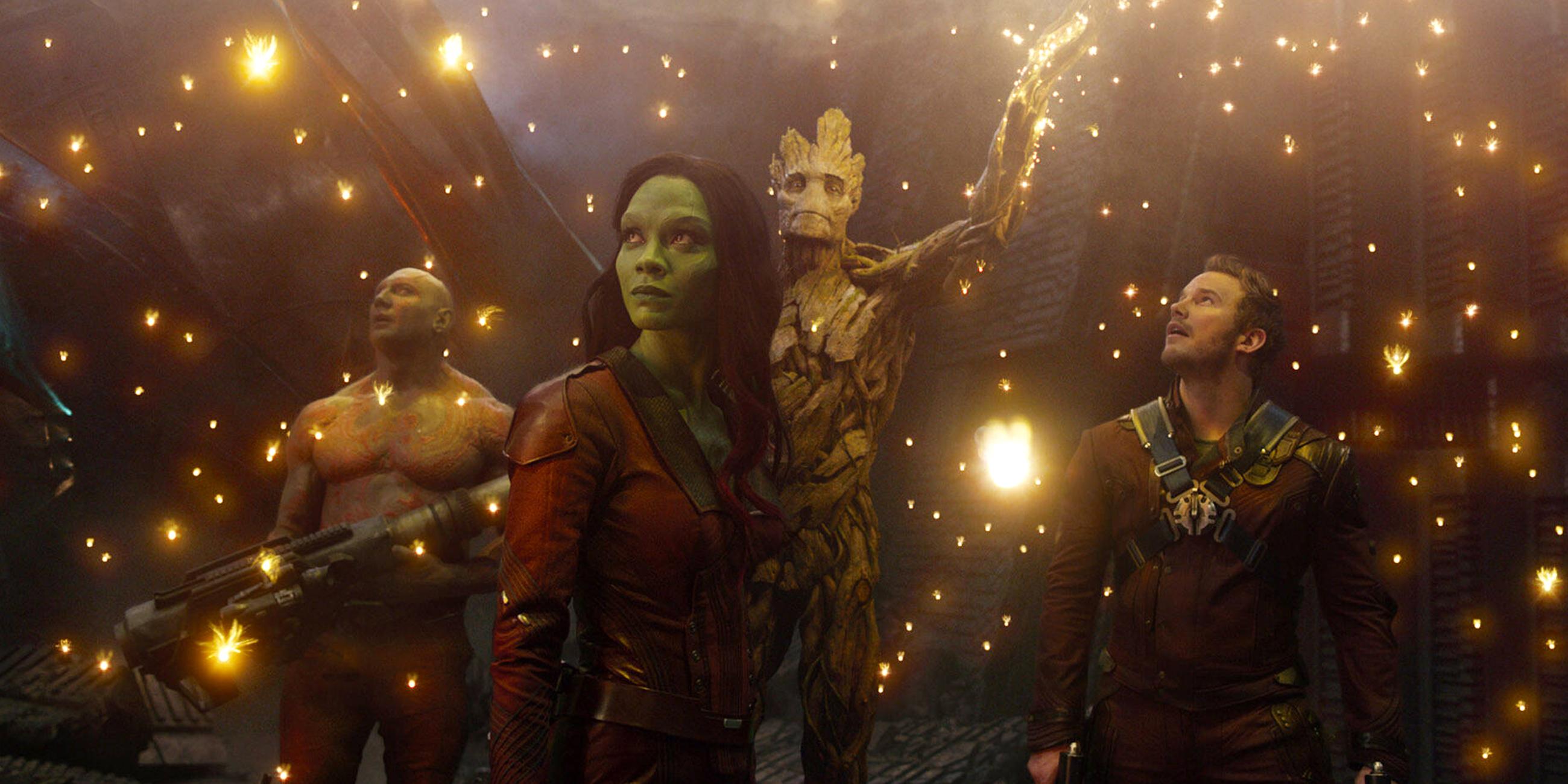 Guardians of the Galaxy (Filmszene): Dave Bautista, Zoe Saldana, Groot-Stimme: Vin Diesel, Chris Pratt