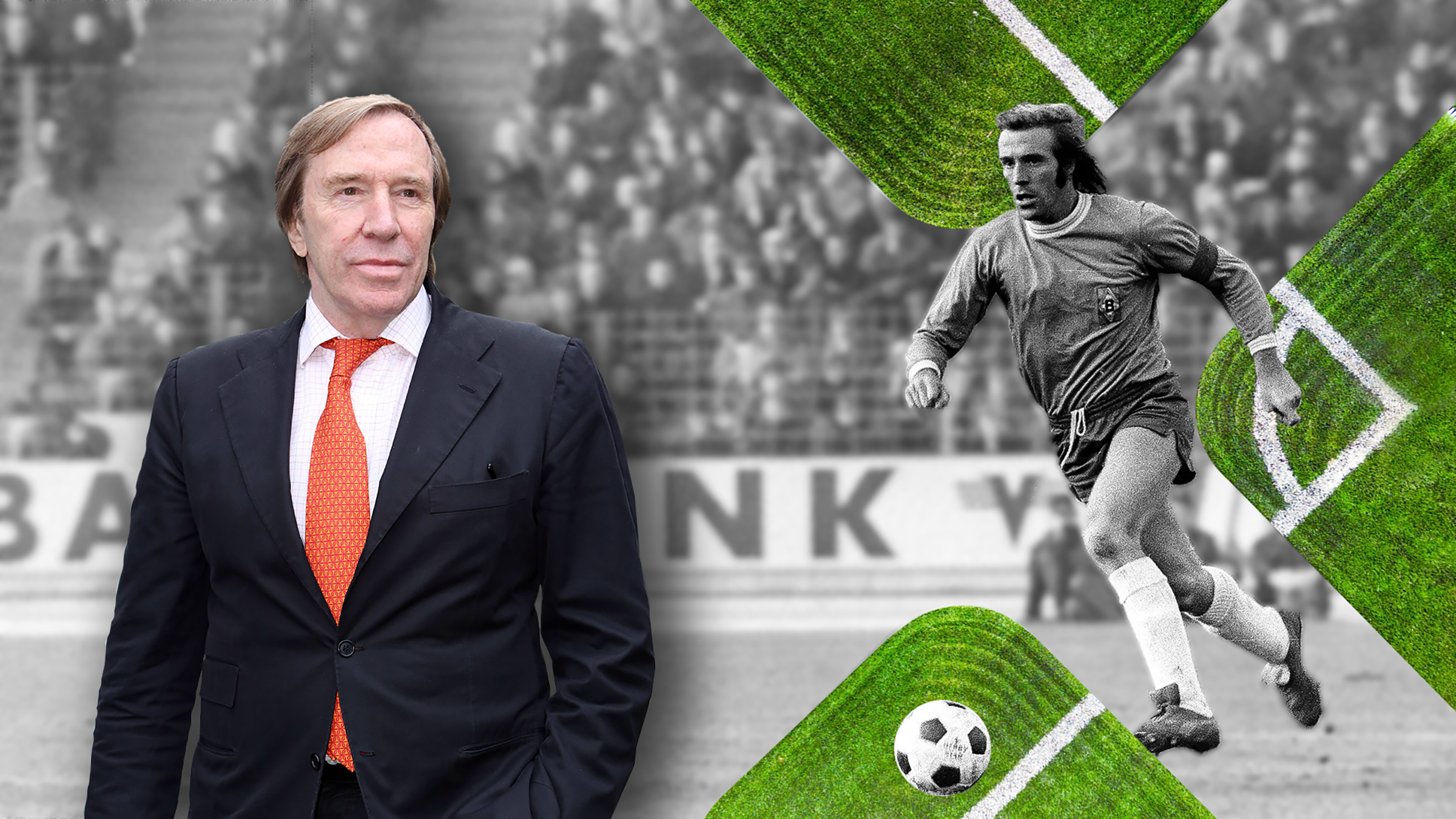 Günter Netzer in Anzug und Krawatte links, rechts im Bild ein Schwarzweiß-Bild von Netzer Fußball spielend