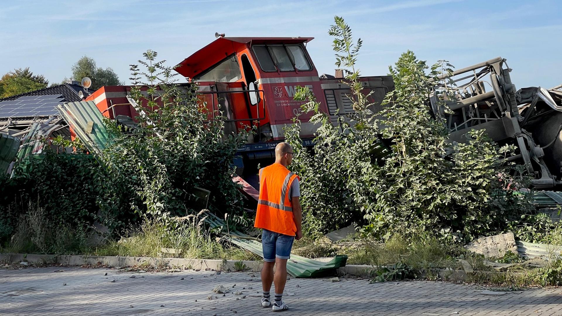 Nordrhein-Westfalen, Geseke: Teile eines entgleisten Güterzuges sind hinter Sträuchern zu sehen.