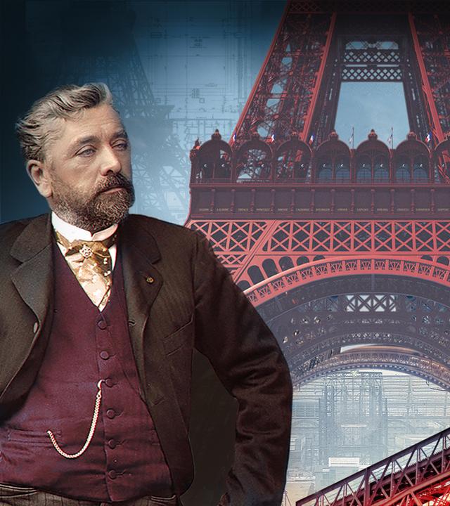 Collage mit Gustave Eiffel und seinen Bauwerken.