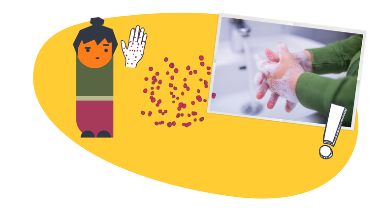 Kind beim Händewaschen, nebendran steht eine logo!-Erklärfigur, die irritiert auf eine Hand voller Keime guckt.