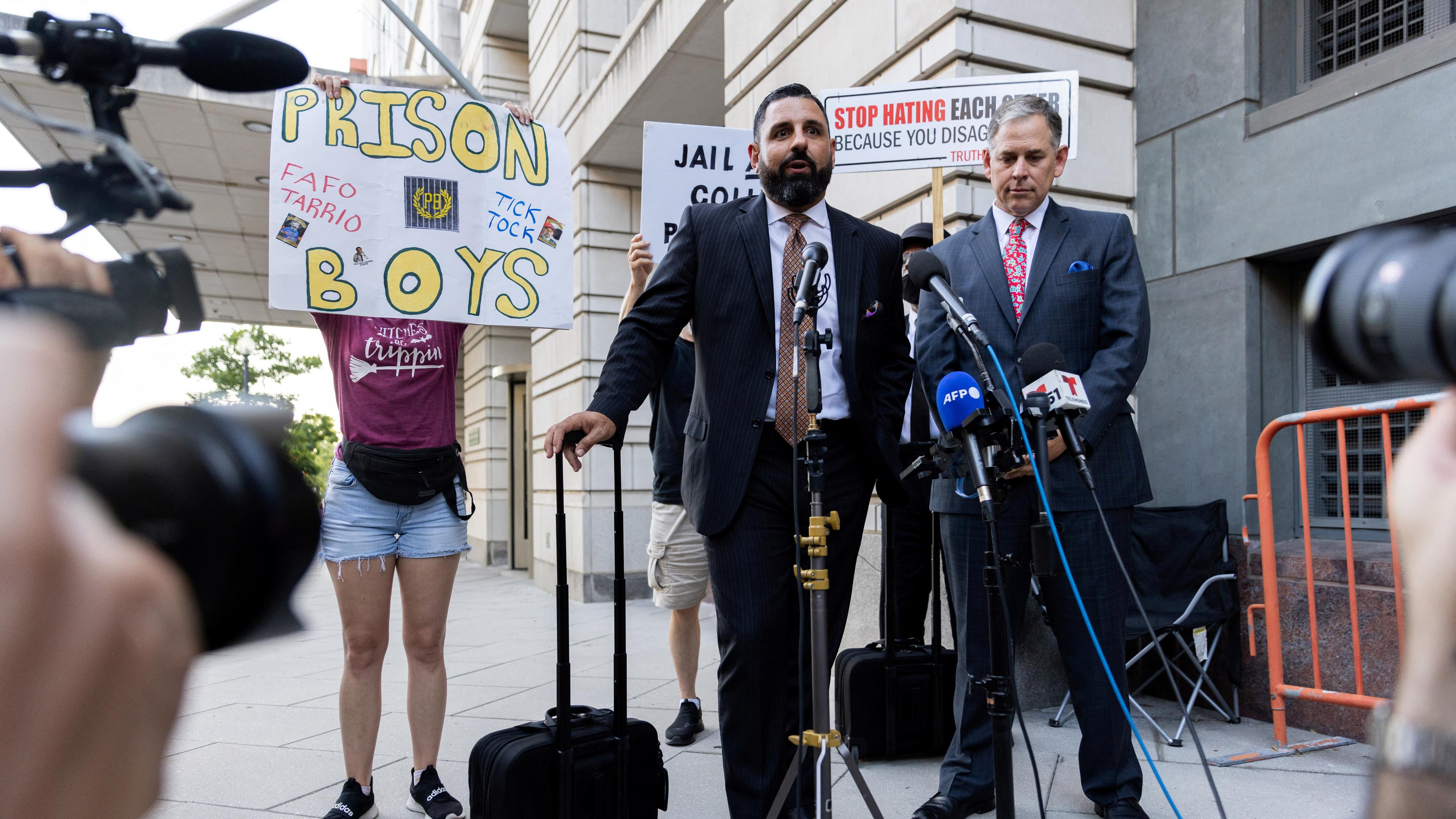 Nayib Hassan and Sabino Jauregui, attorneys for Proud Boys former leader Enrique Tarrio, speak to reporters outside the E. Barrett Prettyman Federal Courthouse in Washington, U.S., September 5, 2023.