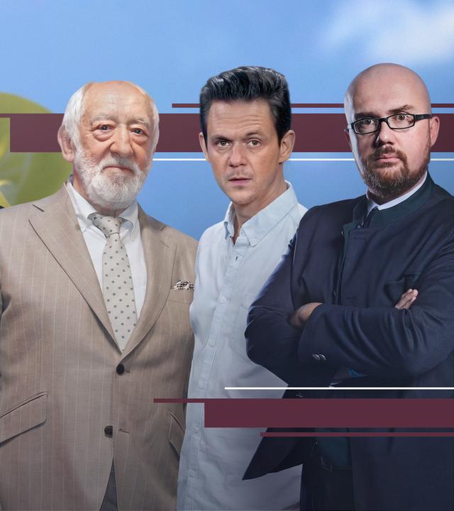 Dieter Hallervorden, Jo Schück und Hans-Tomas Tillschneider stehen nebeneinander und schauen den Betrachter an. Im Hintergrund flattert eine Sachsen-Anhalt-Flagge.