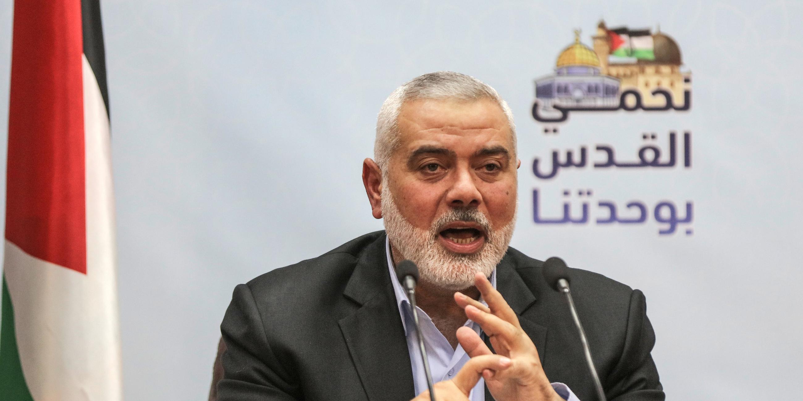 Ismail Hanija, Chef der radikalislamischen Hamas, spricht am 23.01.2018 in Gaza (Palästinensische Autonomiegebiete) während eine Pressekonferenz über die politischen Entwicklungen in der Region.