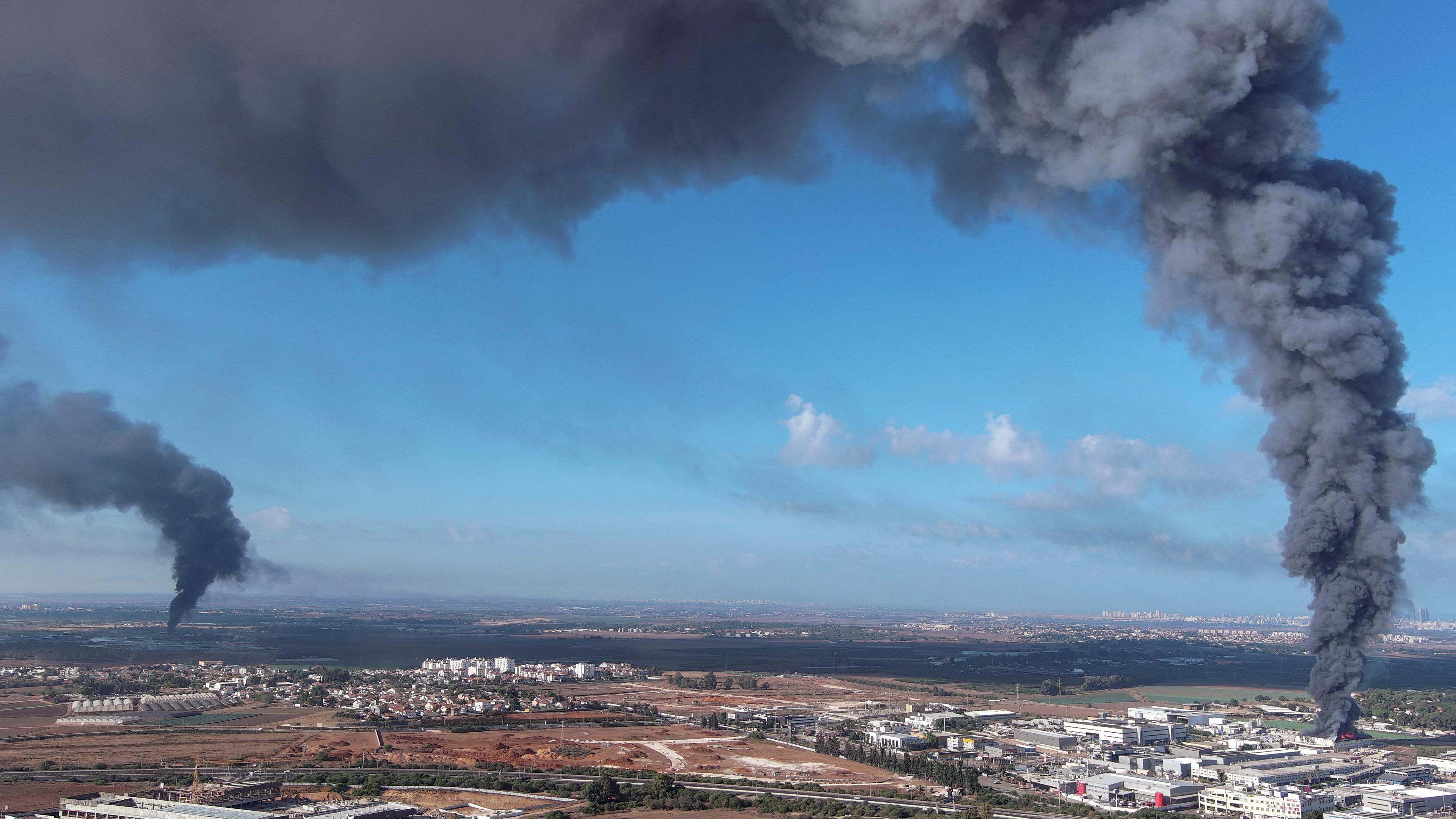 Smoke is seen in the Rehovot area as rockets are launched from the Gaza Strip, in Israel October 7, 2023.
