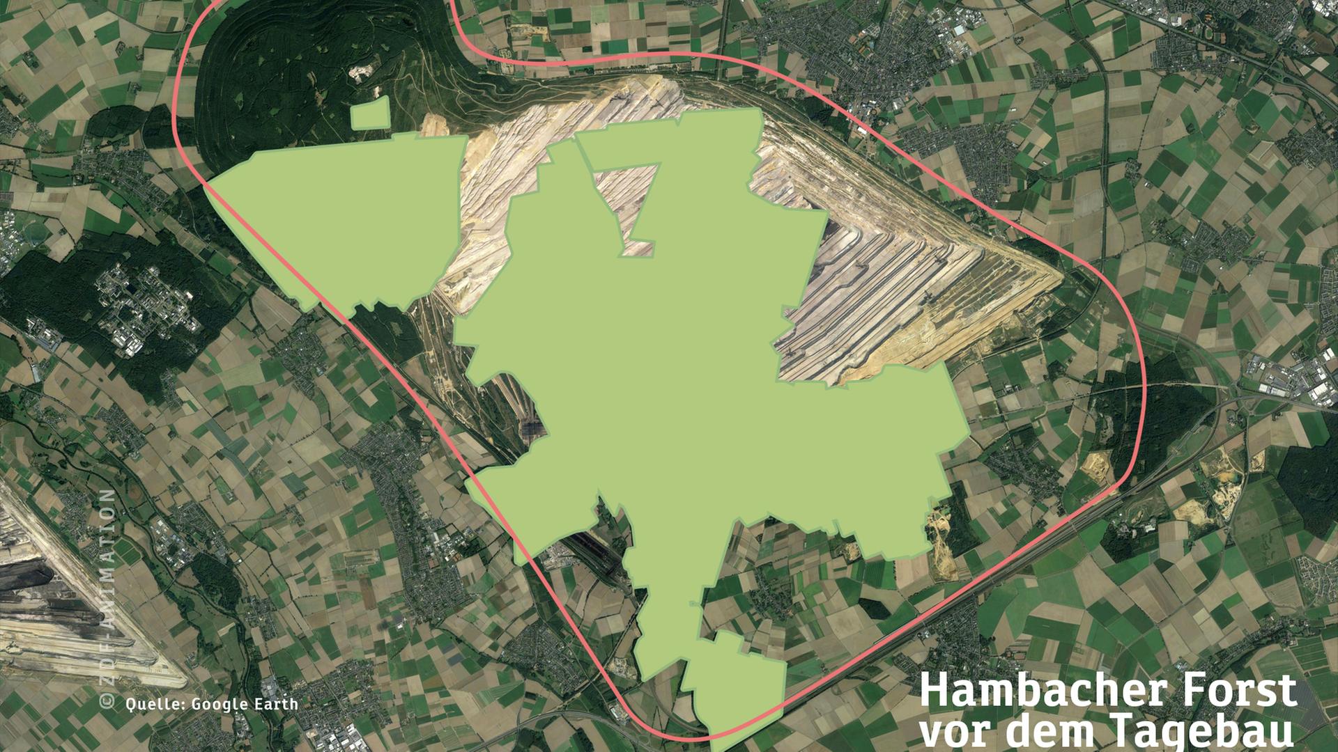 Grafik: Hambacher Forst - vor dem Tagebau