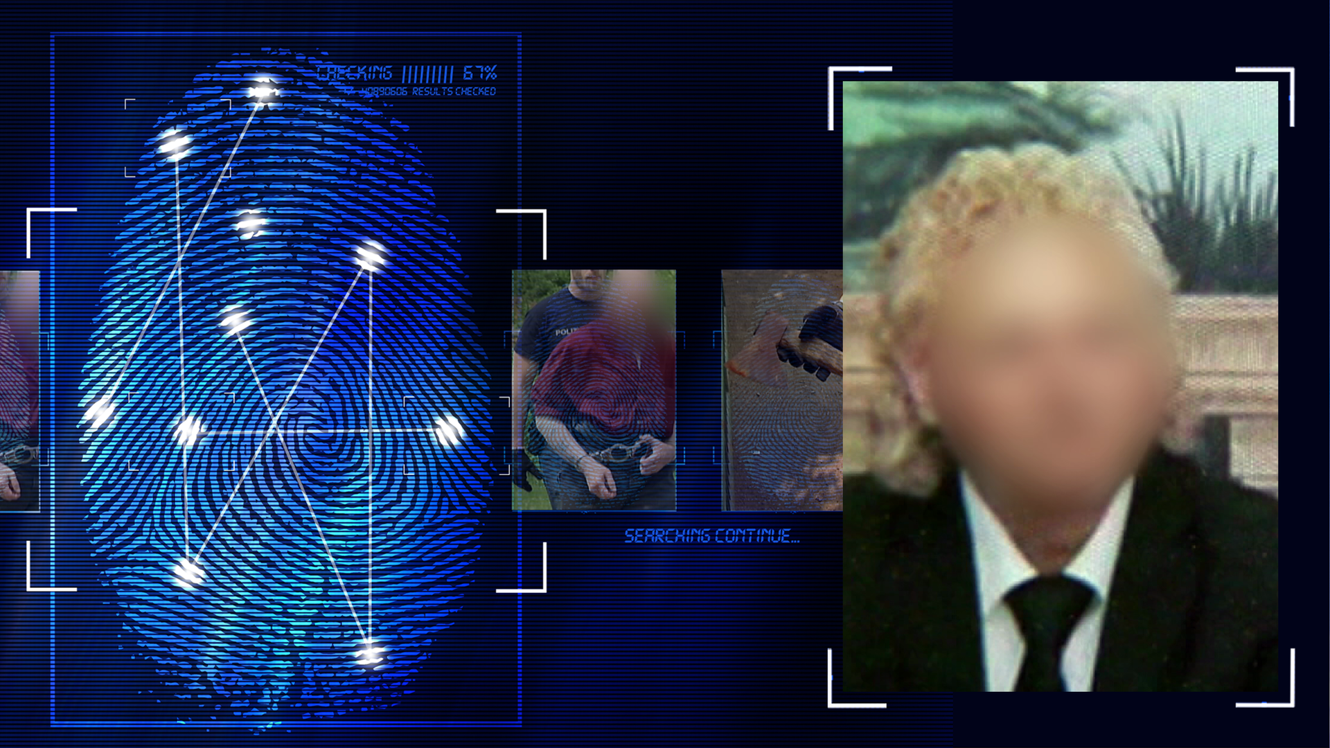 Portraitfoto eines Mannes, ca 50 Jahre. Mittellange gelockte helle Haare. Gesicht verfremdet. Schwarzer Anzug, schwarze Krawatte, weißes Hemd. Gräser stehen im Bildhintergrund. Links daneben: Lichtschematische Darstellung eines Fingerabdrucks.