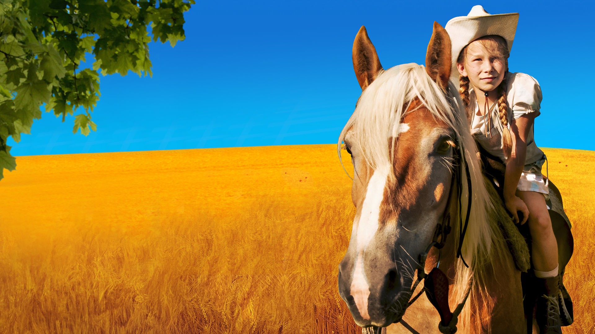 In einem goldgelben Getreidefeld vor strahlend blauem Himmel steht das Pferd Mississippi mit Emma (Zoë Charlotte Mannhardt) auf dem Rücken.