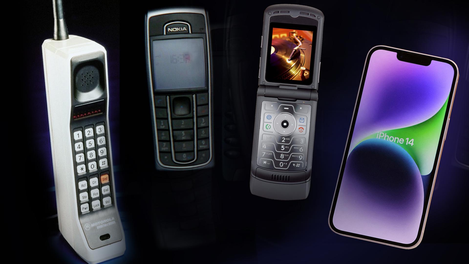 Montage verschiedener Handys: DynaTac 8000X, Nokia, Motorola Razr ,Apple-iphone14