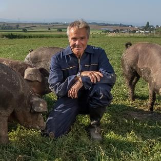 Hannes Jaenicke mit Freiland Duroc Schweinen 