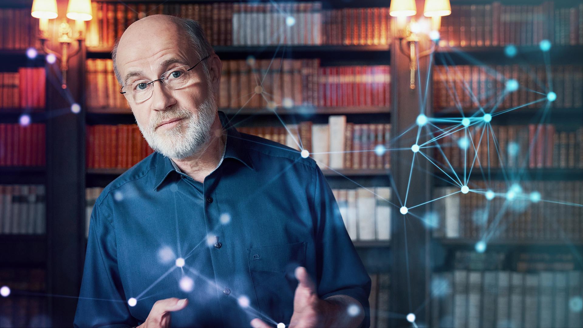 Harald Lesch mit einem Sextanten, umgeben von modernster Technik (Montage)