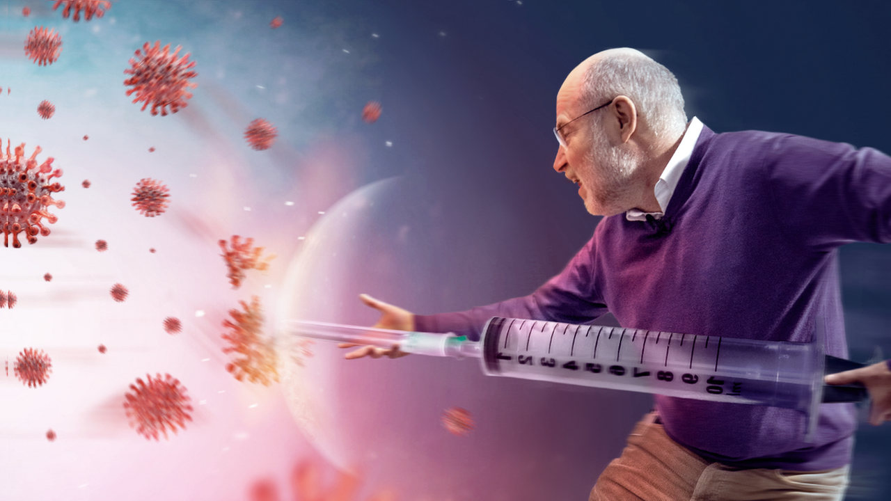 Grafik: Harald Lesch kämpft mit Spritze gegen Viren