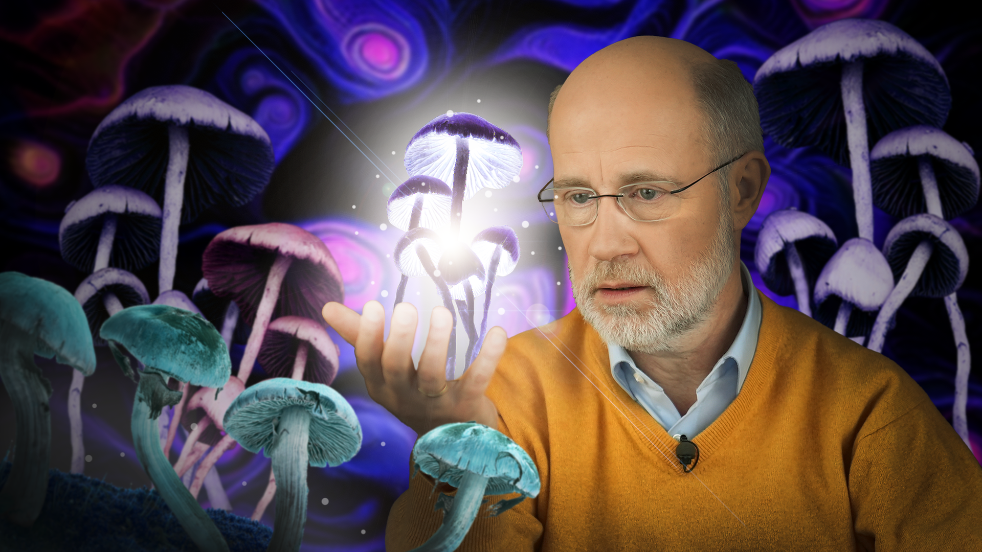 Grafik: Harald Lesch inmitten von Magic Mushrooms