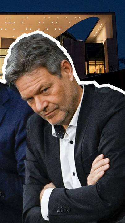 Kanzler Scholz, Vize Habeck und Finanzminister Lindner - im Hintergrund das Bundeskanzleramt im Dunklen.