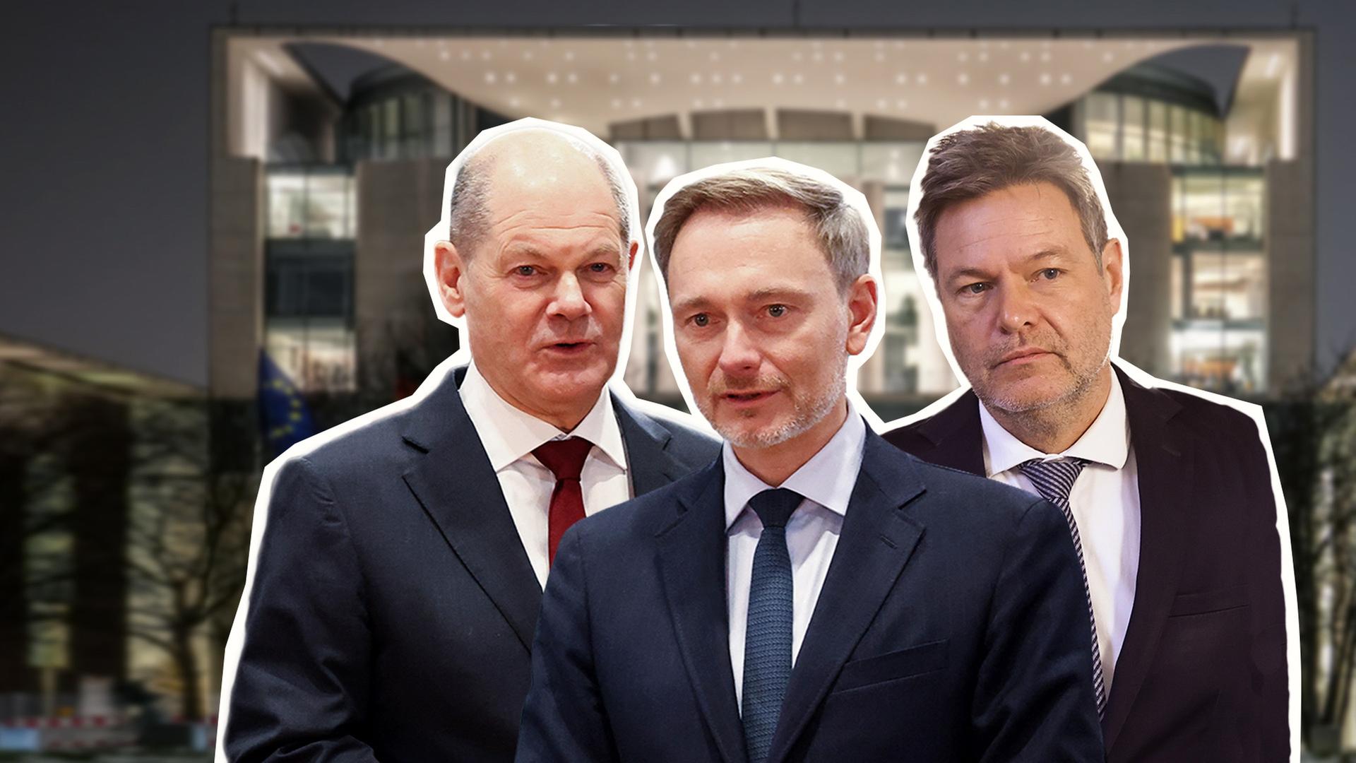 Olaf Scholz, Christian Lindner und Robert Habeck als Ausschnitte vor Regierungsgebäude