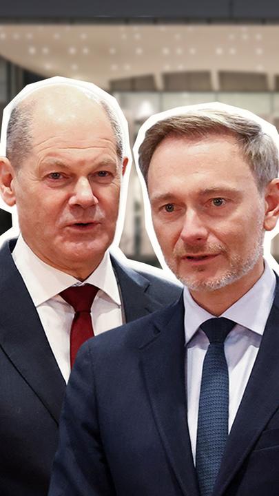 Olaf Scholz, Christian Lindner und Robert Habeck als Ausschnitte vor Regierungsgebäude