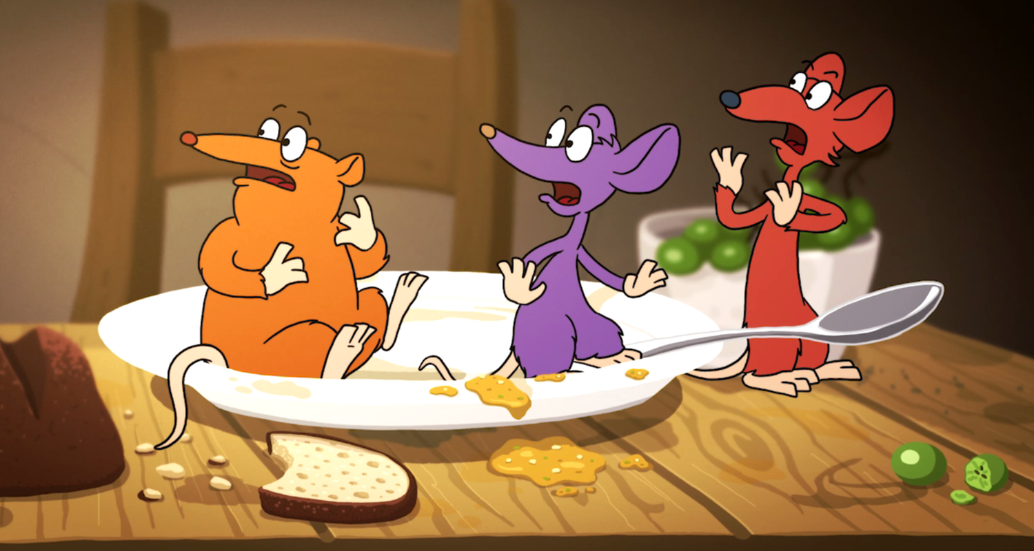 drei Zeichentrickmäuse stehen nebeneinander in einem Suppenteller und schauen erschreckt auf