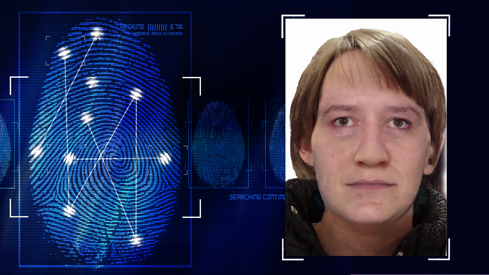 KI-Rekontruktion des Gesichts einer unbekannten Toten. Links daneben: Lichtschematische Darstellung eines Fingerabdrucks.