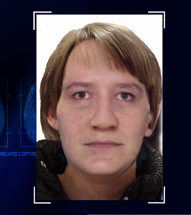 KI-Rekontruktion des Gesichts einer unbekannten Toten. Links daneben: Lichtschematische Darstellung eines Fingerabdrucks.