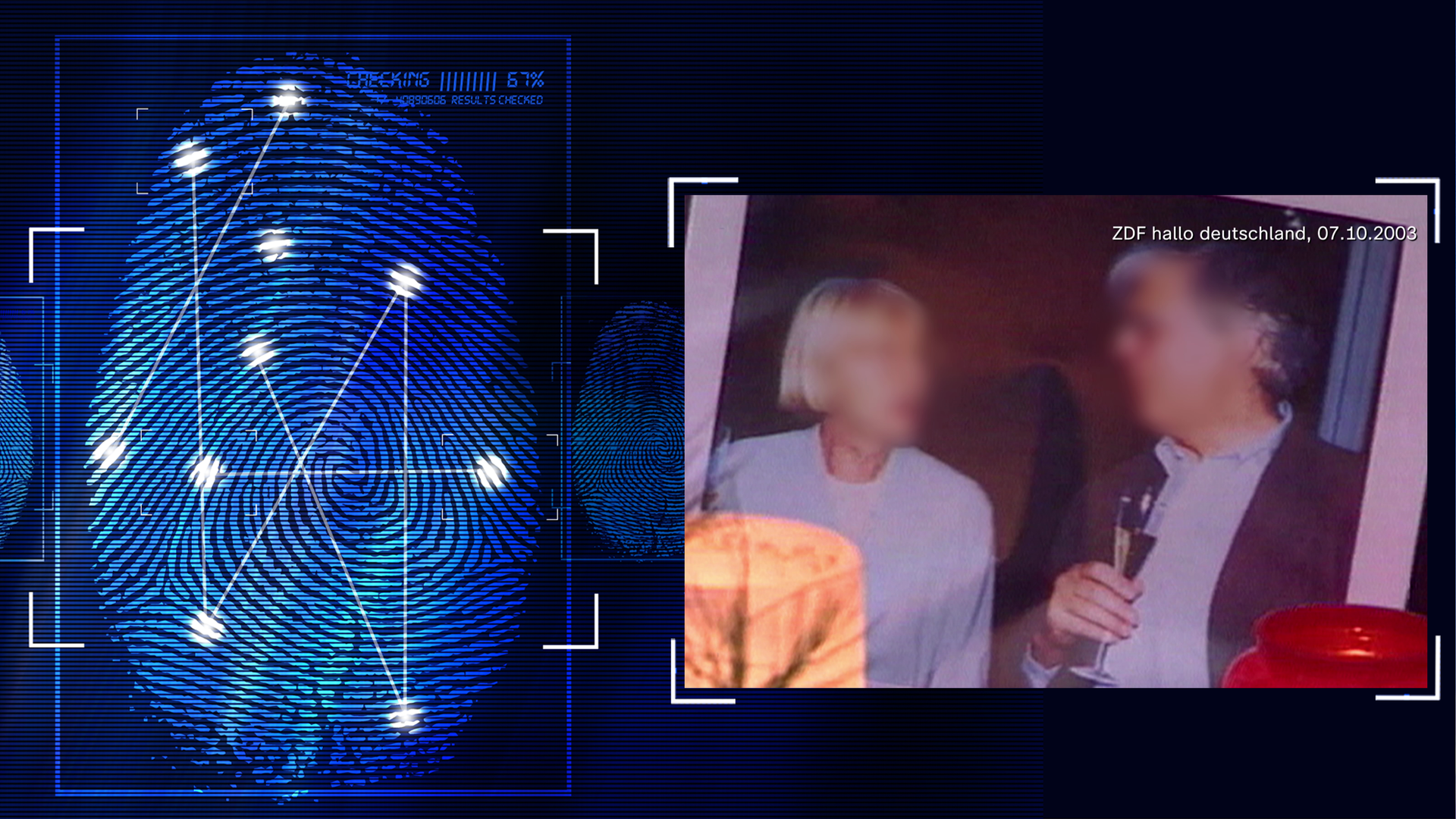 Eine Frau und ein Mann stehen sich gegenüber. Beide haben graue Haare, der Mann hat ein halb gefülltes Glas in der Hand. Die Gesichter wurden im Bild technisch verfremdet. Links daneben: Lichtschematische Darstellung eines Fingerabdrucks.