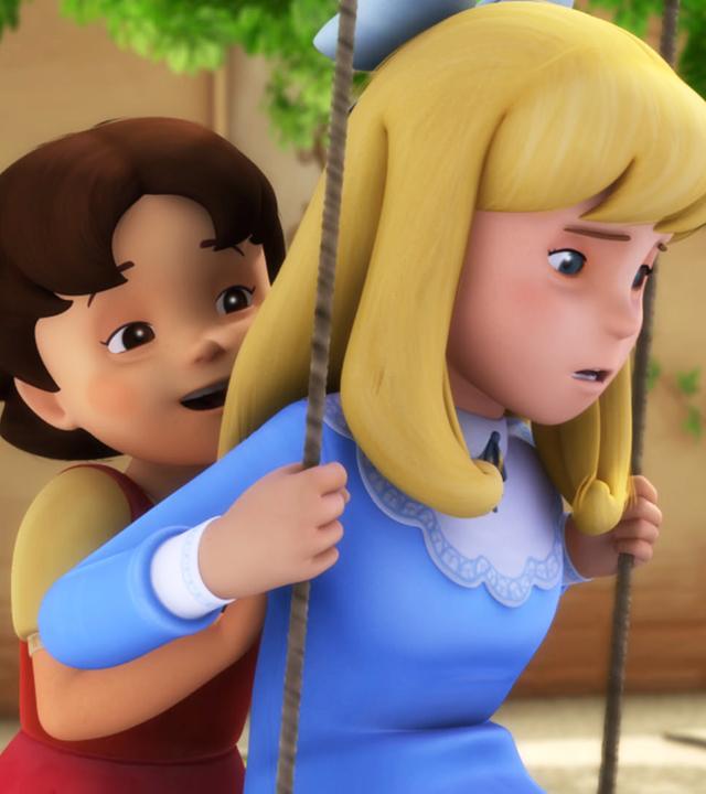 Heidi hilft Clara zu schaukeln, die bereits auf der Schaukel sitzt.