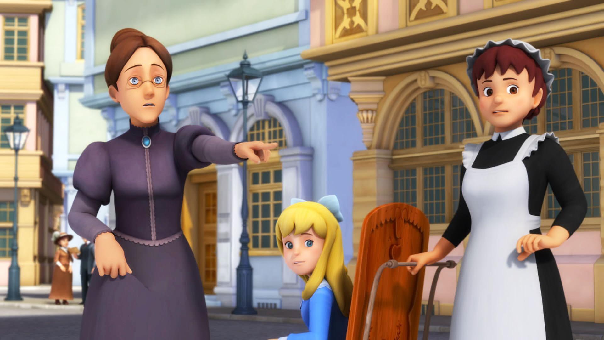 Fräulein Rottenmeier zeigt aufgeregt in die Ferne. Neben ihr sitzt Clara im Rollstuhl.