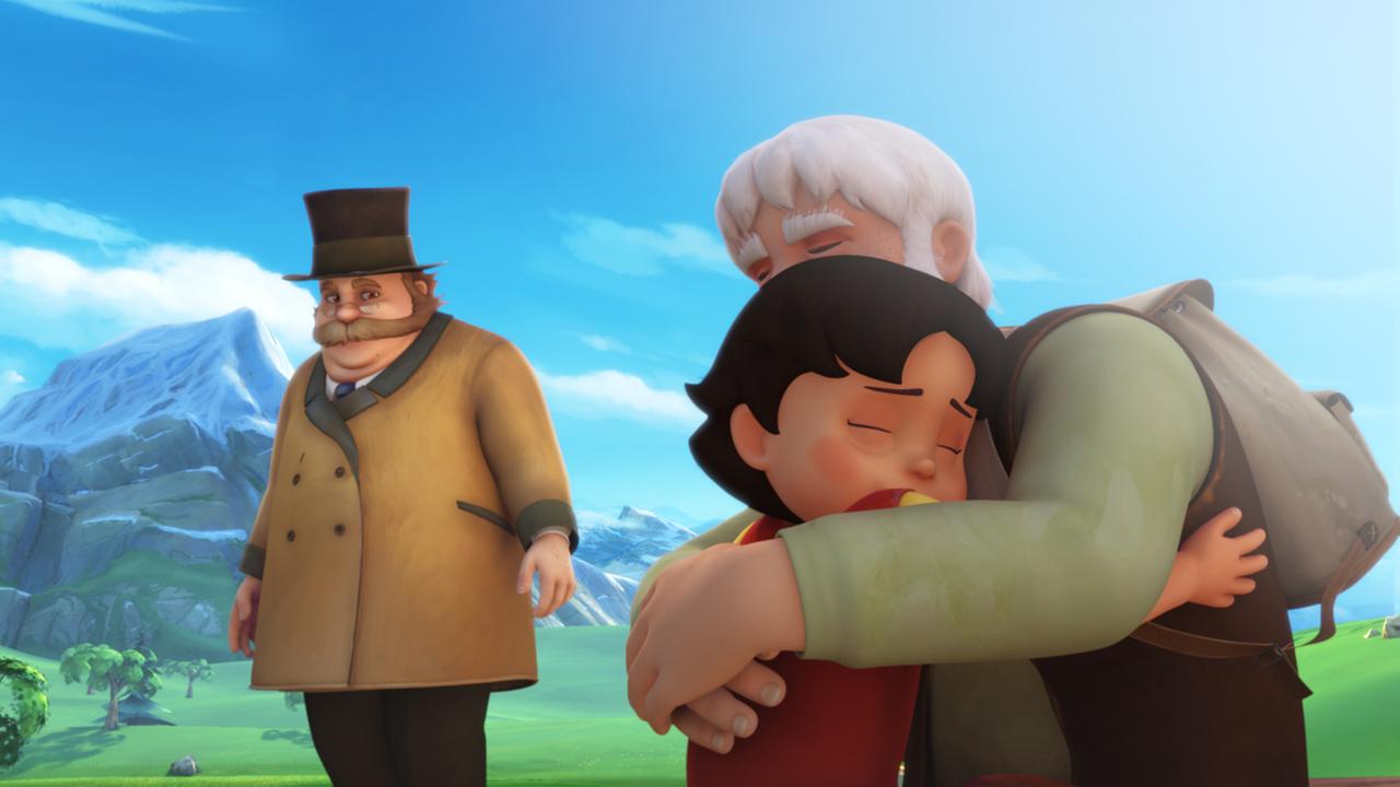 Das Wiedersehen von Heidi und Großvater. Er nimmt sie in seine Arme. Heidi umarmt Großvater und ist den Tränen nahe.