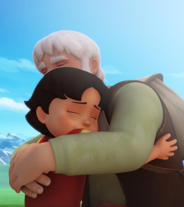 Das Wiedersehen von Heidi und Großvater. Er nimmt sie in seine Arme. Heidi umarmt Großvater und ist den Tränen nahe.