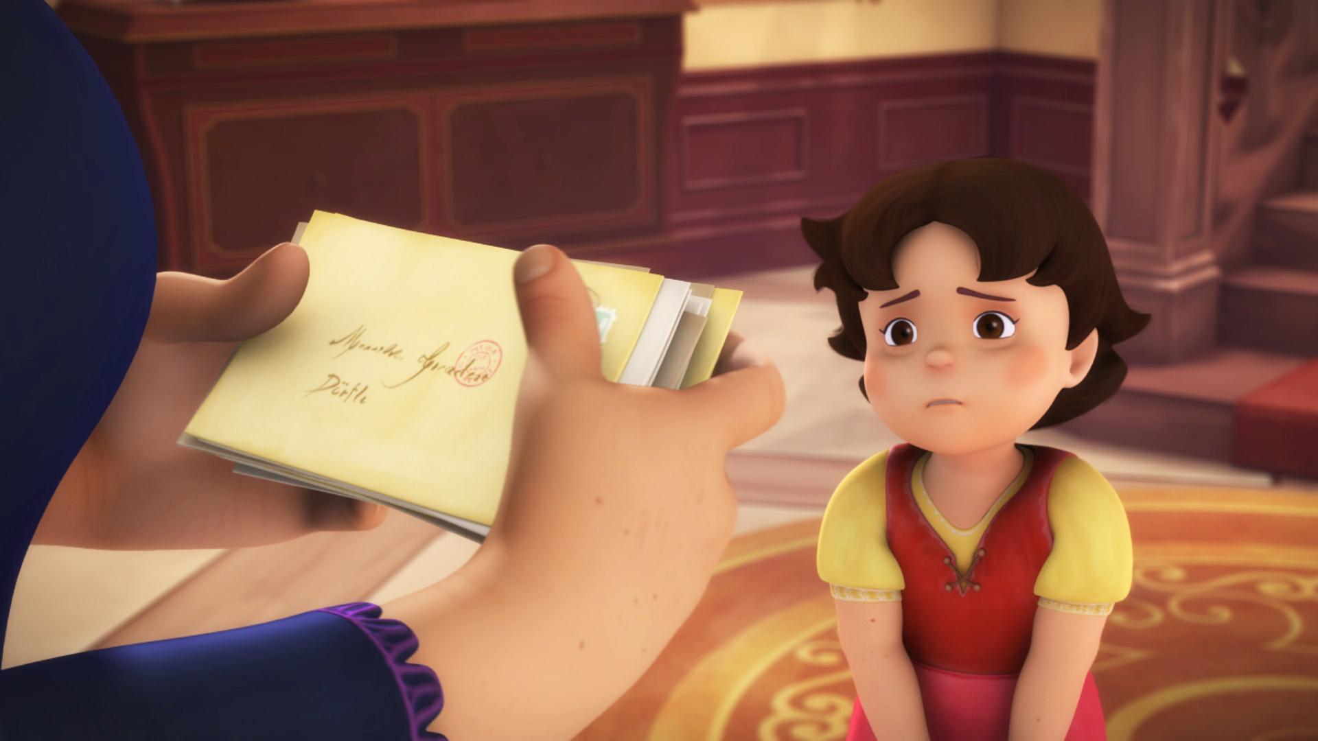 Heidi wartet auf Post von ihrem Großvater. Sie schaut traurig auf die Briefe.