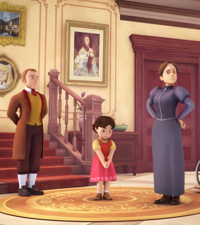 Heidi wird von Fräulein Rottenmeier ermahnt, Clara sitzt im Rollstuhl und hört zu. Zwei Bedienstete stehen neben Heidi und Clara.