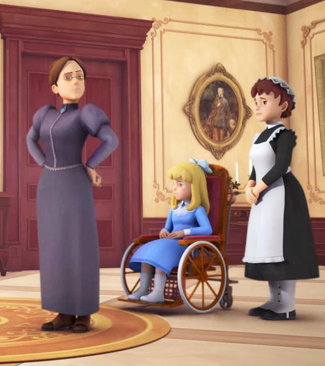 Heidi wird von Fräulein Rottenmeier ermahnt, Clara sitzt im Rollstuhl und hört zu. Zwei Bedienstete stehen neben Heidi und Clara.