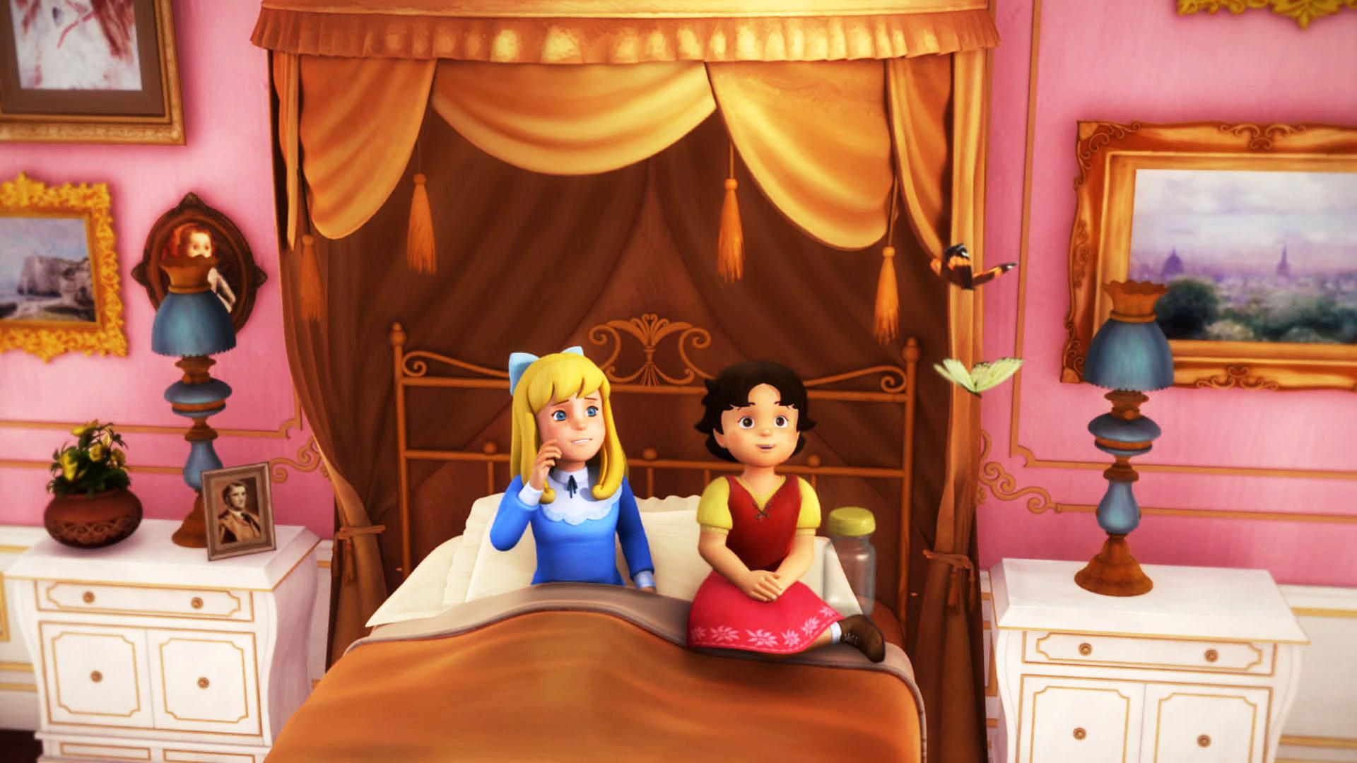 Heidi und Clara sitzen im Bett und beobachten einen Zitronenfalter.