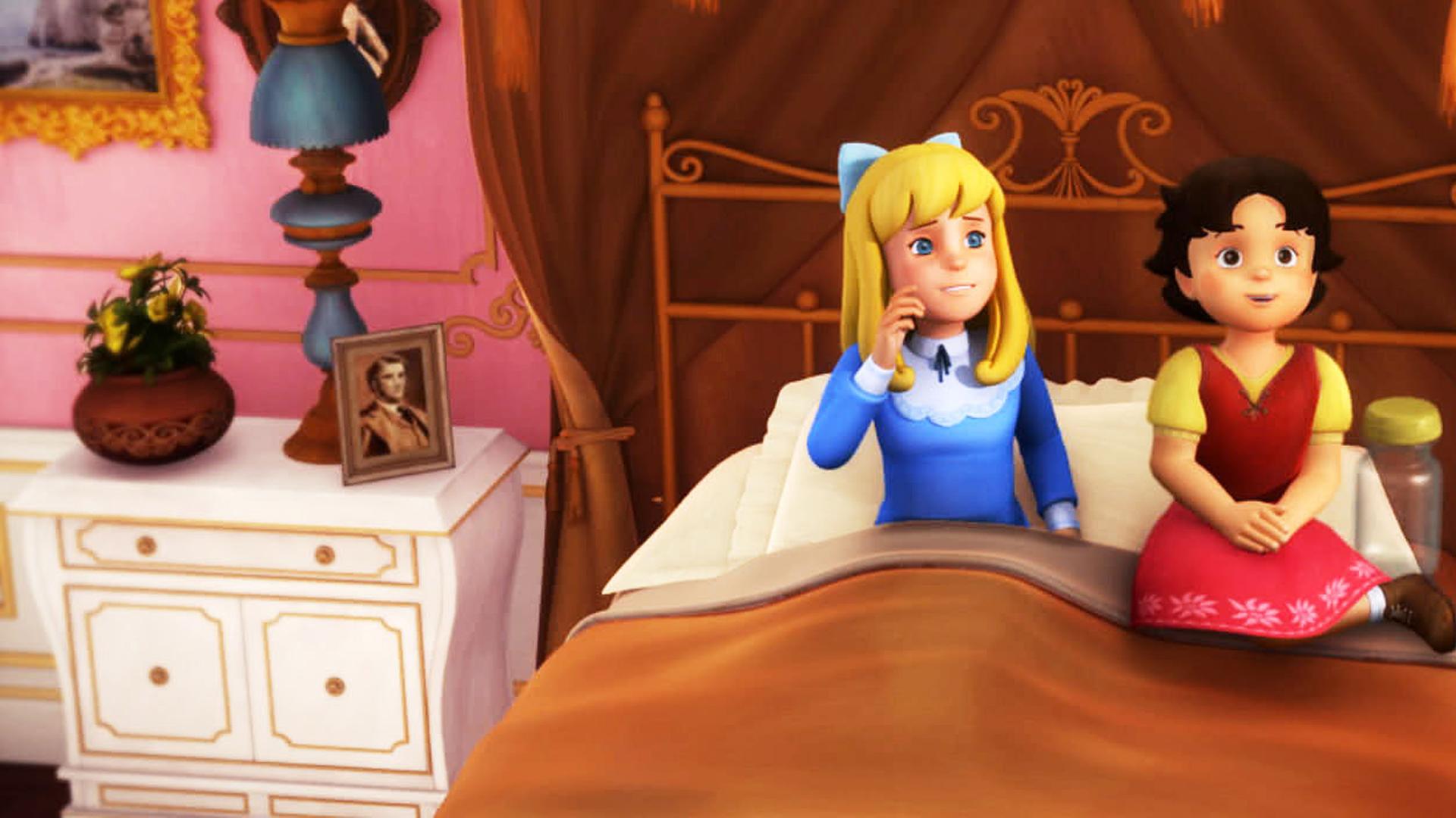 Heidi und Clara sitzen im Bett und beobachten einen Zitronenfalter.
