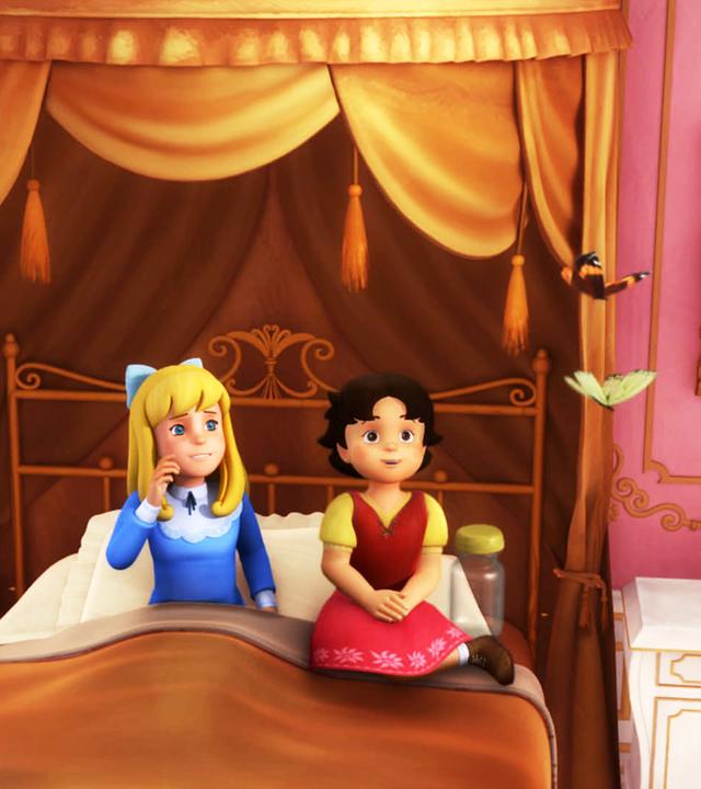 Heidi und Clara sitzen im Bett und beobachten einen Zitronenfalter.