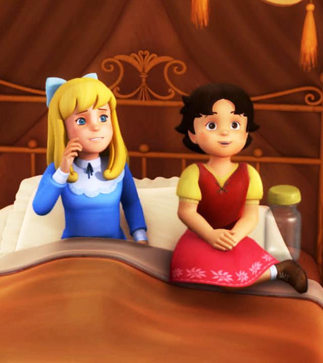 Heidi und Clara sitzen im Bett und beobachten einen Zitronenfalter.