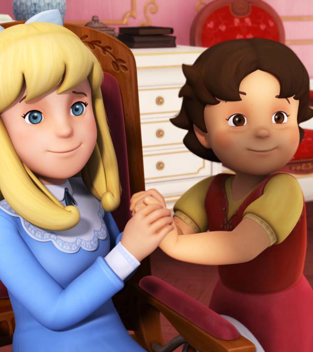 Heidi (Mitte) und Clara (links) freuen sich und halten sich an den Händen.