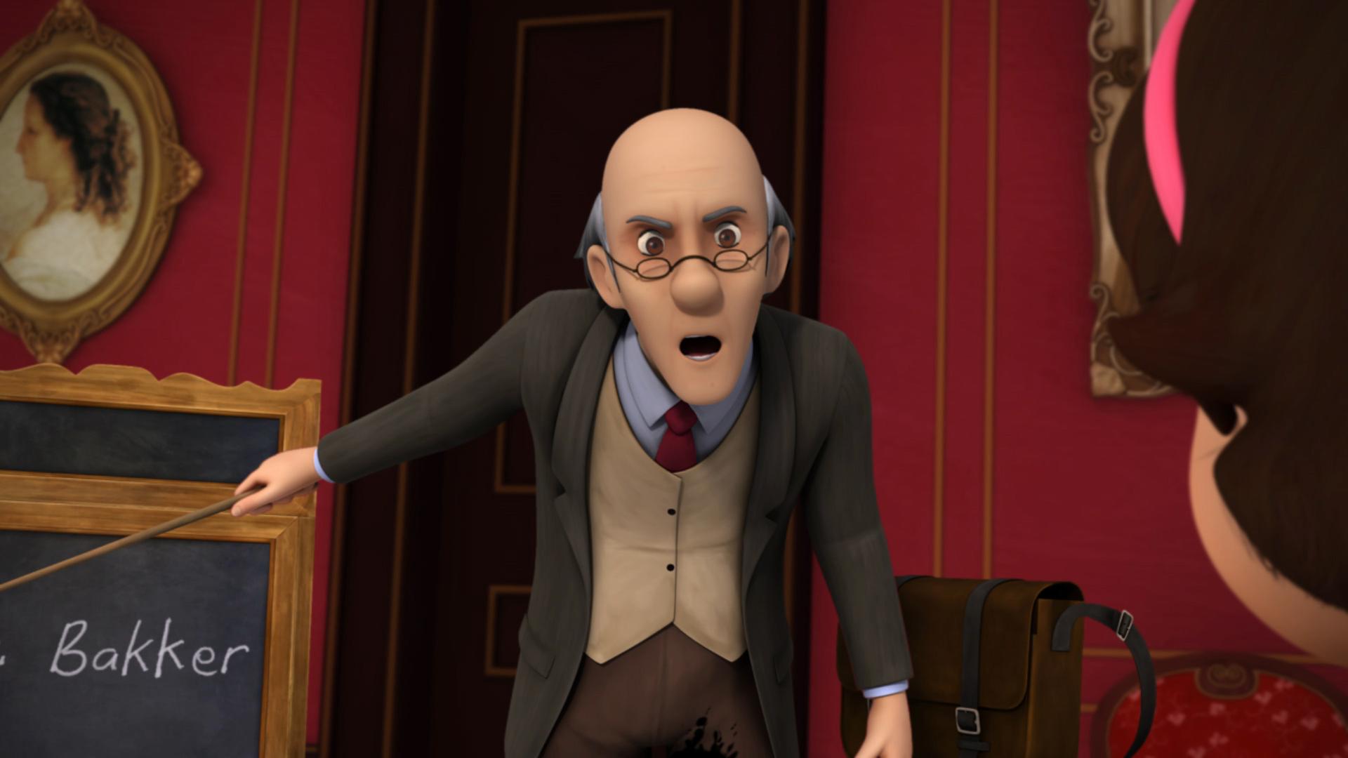 Herr Bahner erklärt Heidi den Schulstoff. Er ist zornig und hat einen Rohrstock in der Hand.