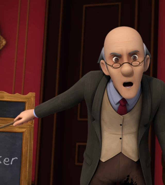 Herr Bahner erklärt Heidi den Schulstoff. Er ist zornig und hat einen Rohrstock in der Hand.