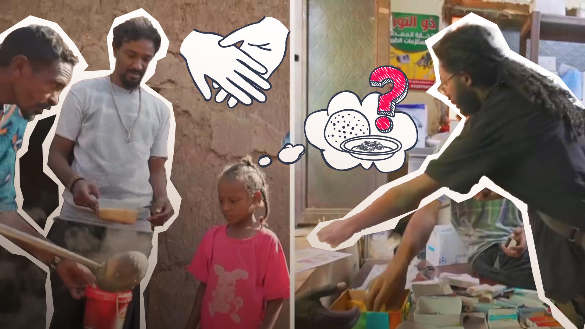 Helfer, die Suppen ausgeben und ein kleines Mädchen, das die Suppe annimmt