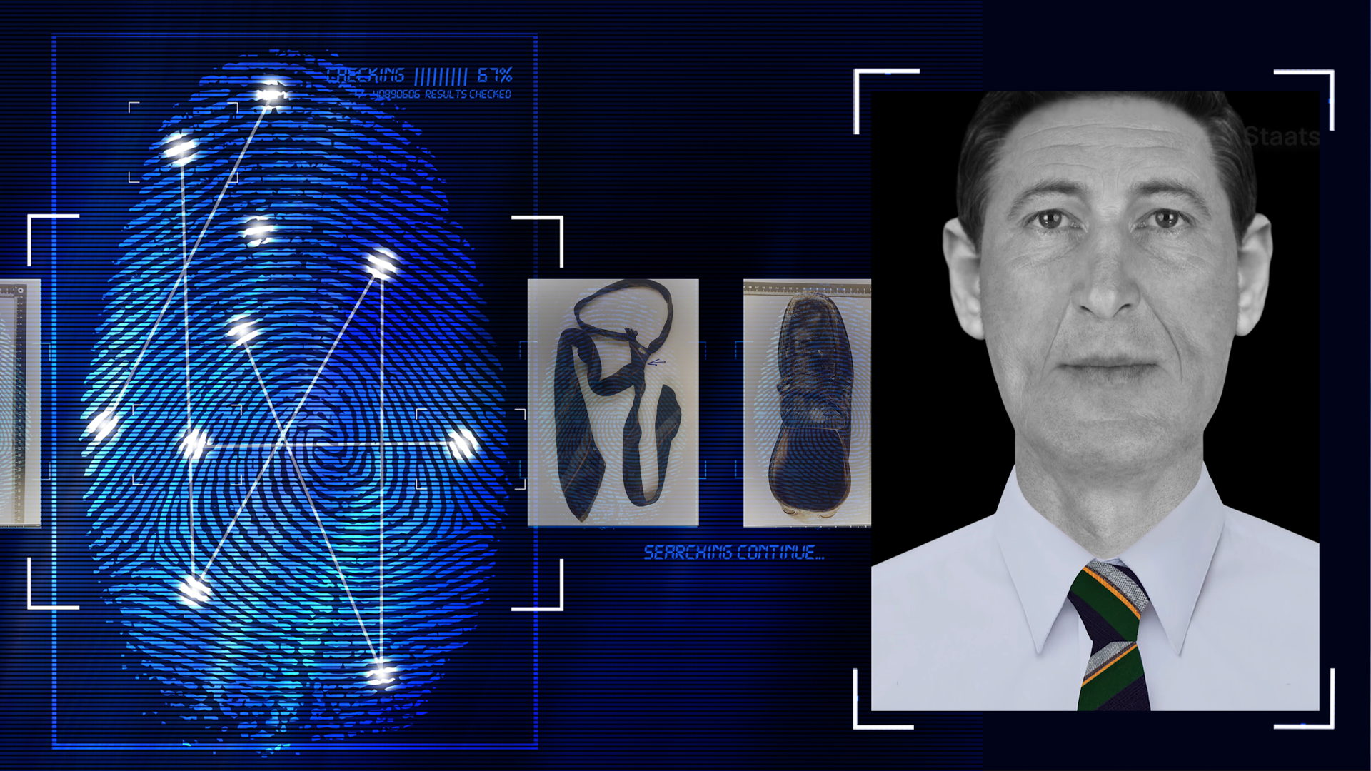 Gesichtsrekonstruktion zeigt mutmaßliches Mordopfer. Links daneben: Lichtschematische Darstellung eines Fingerabdrucks.