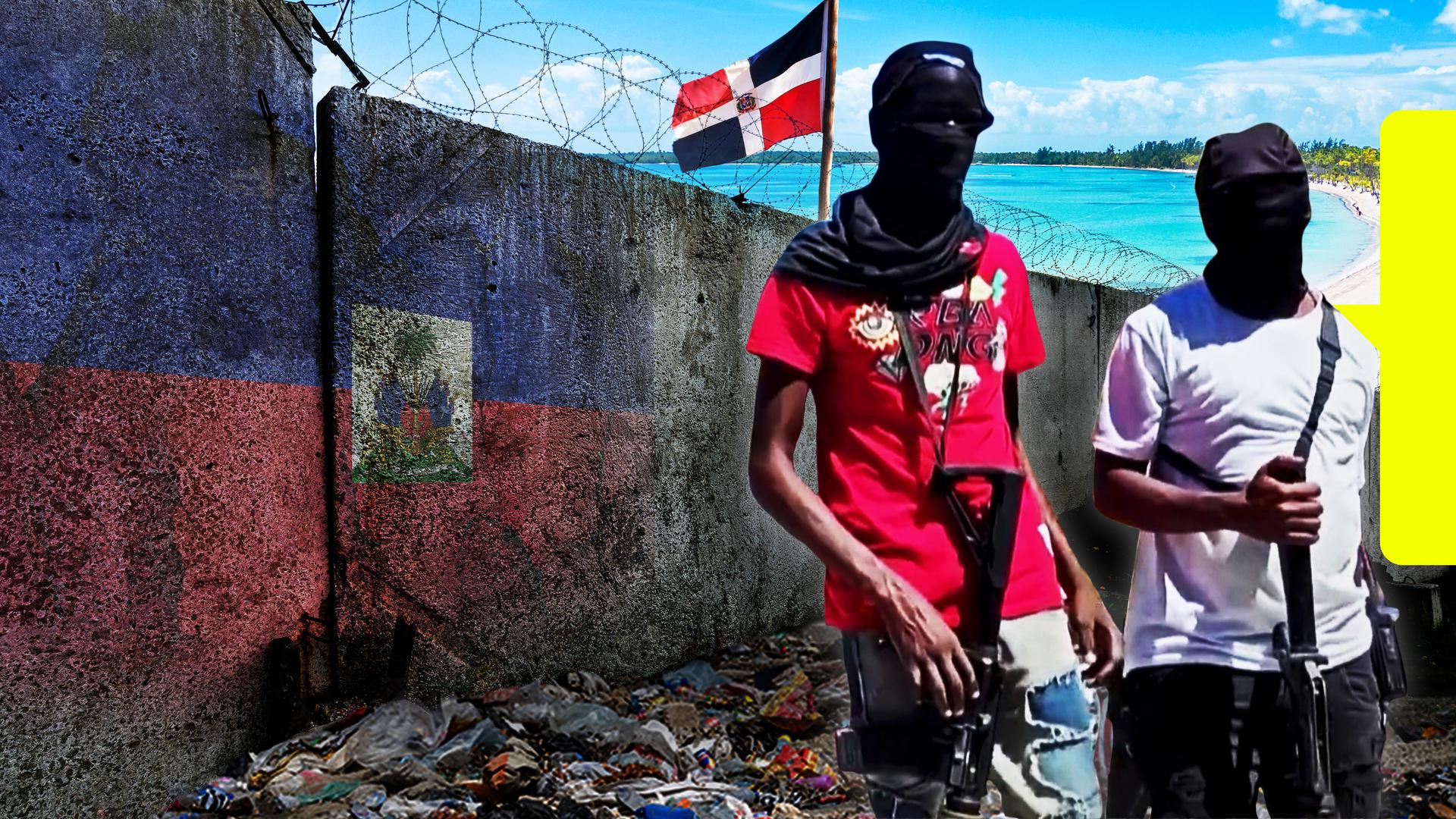 Grenzmauer der mit Haitianischer Flagge und bewaffneten Söldnern